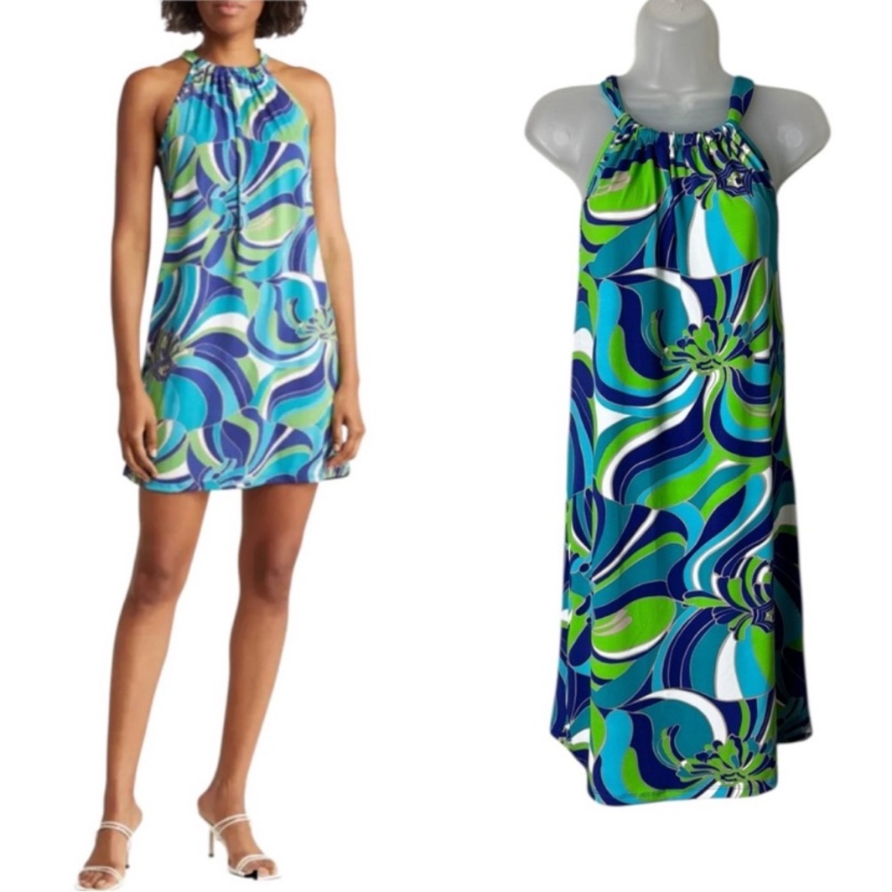 Trina Turk Juju Halter Dress Mini Length Size Small Beachy Resort Blue Green